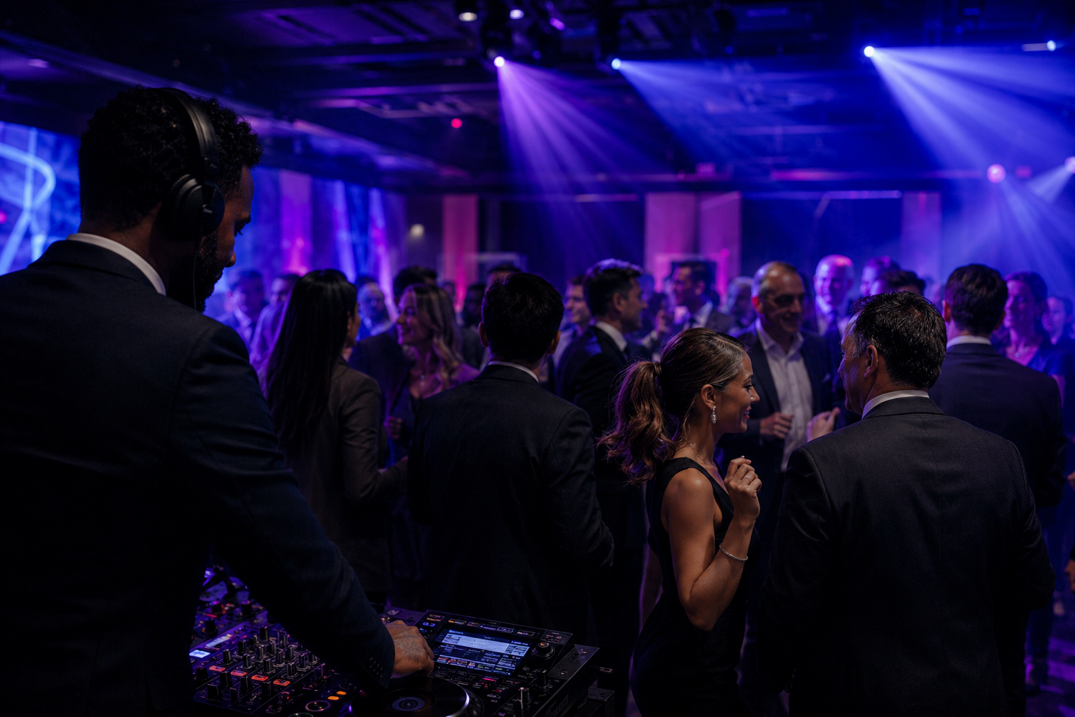 A corporate event venue set up with a stage and lighting